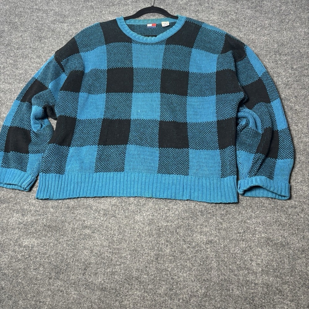Vintage Tommy Hilfiger Sweater Mens XL Blue Linen Cotton Checkβ Hong Kong 90s